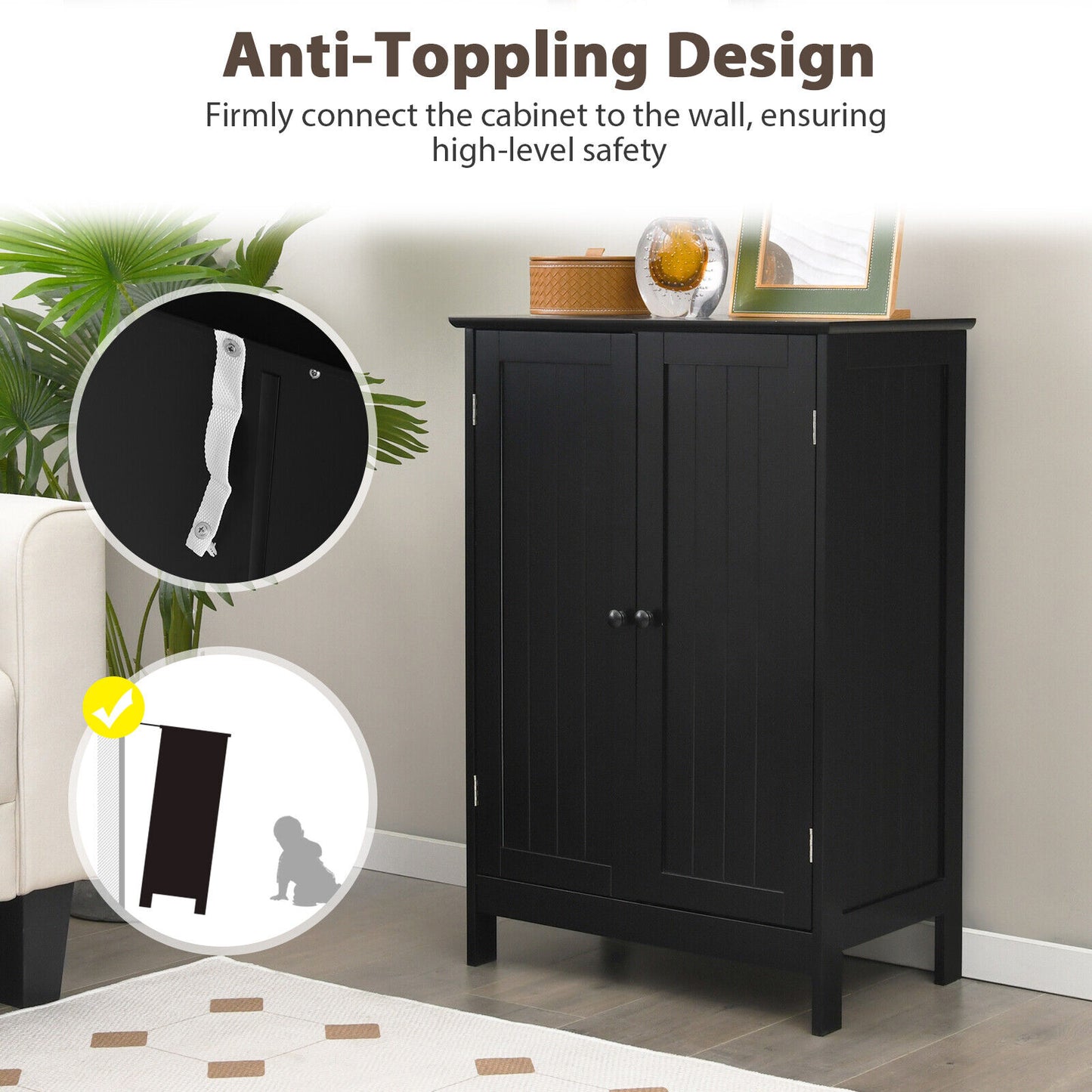 2-Door Freee-Standing Bathroom Cabinet with Shelf, Black Floor Cabinets at Gallery Canada
