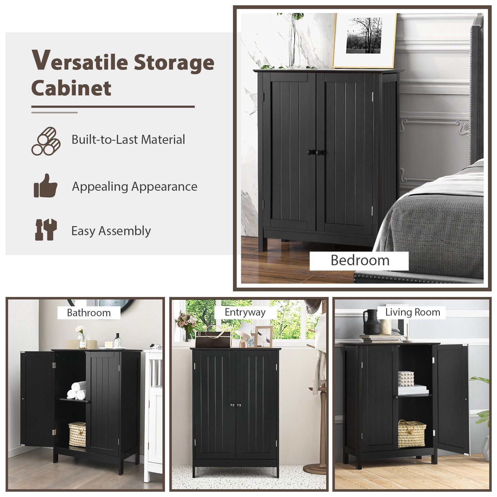 2-Door Freee-Standing Bathroom Cabinet with Shelf, Black Floor Cabinets at Gallery Canada