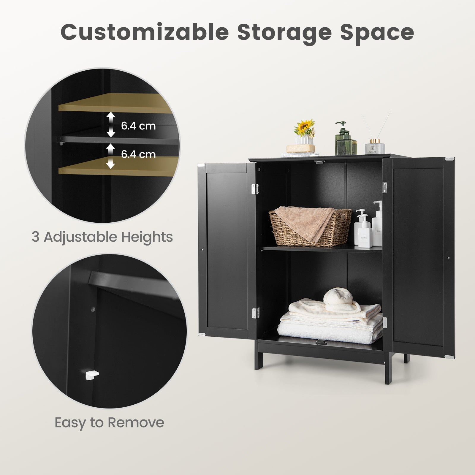 2-Door Freee-Standing Bathroom Cabinet with Shelf, Black Floor Cabinets at Gallery Canada