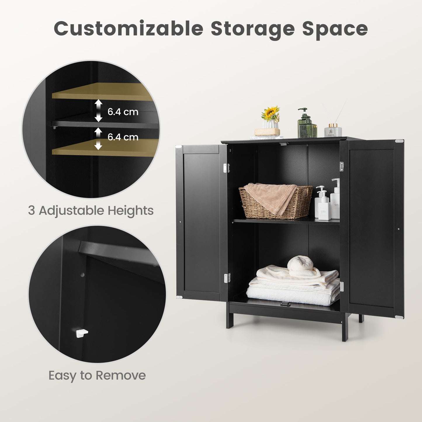 2-Door Freee-Standing Bathroom Cabinet with Shelf, Black Floor Cabinets at Gallery Canada