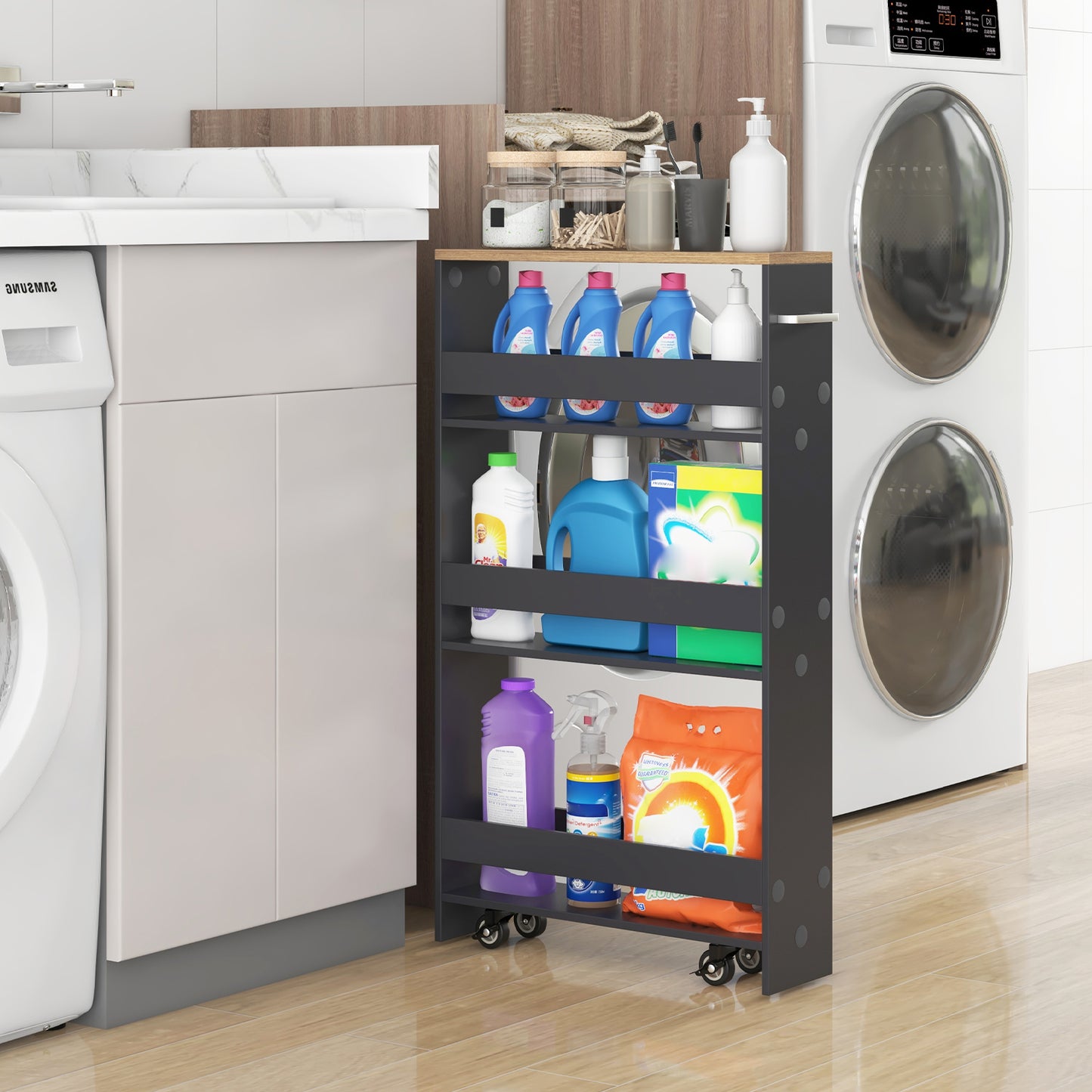 Rolling Kitchen Slim Storage Cart Mobile Shelving Organizer with Handle, Gray Kitchen Islands & Carts at Gallery Canada