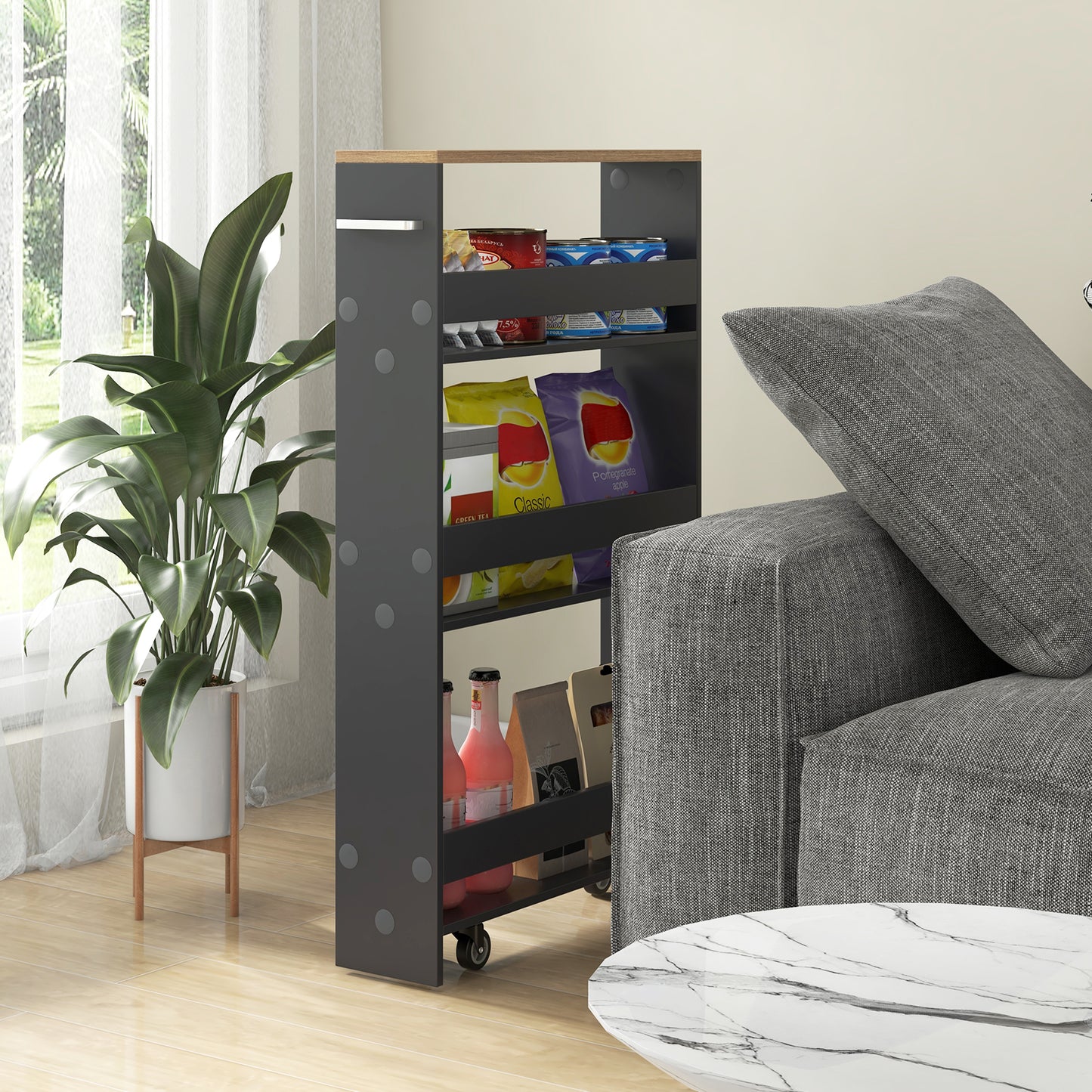 Rolling Kitchen Slim Storage Cart Mobile Shelving Organizer with Handle, Gray Kitchen Islands & Carts at Gallery Canada