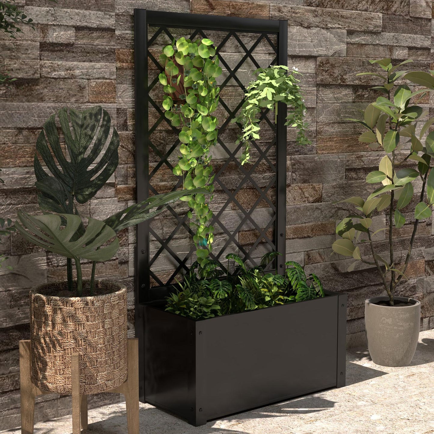 44 Inch Metal Raised Garden Bed with Trellis, Black Raised Garden Beds at Gallery Canada
