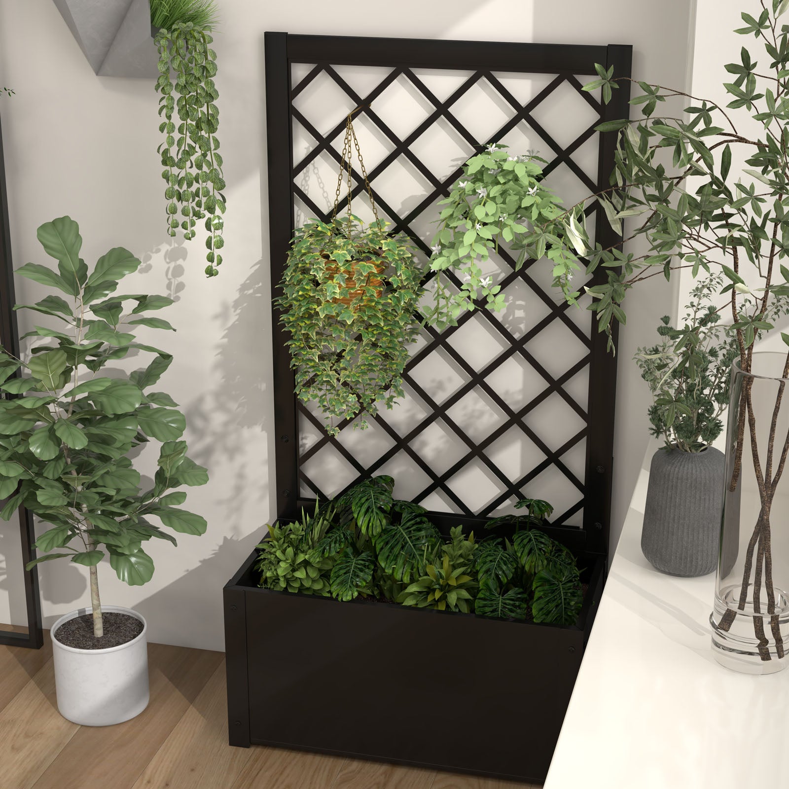 44 Inch Metal Raised Garden Bed with Trellis, Black Raised Garden Beds at Gallery Canada