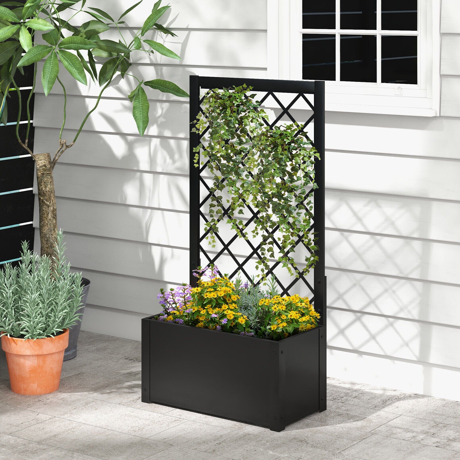 44 Inch Metal Raised Garden Bed with Trellis, Black Raised Garden Beds at Gallery Canada