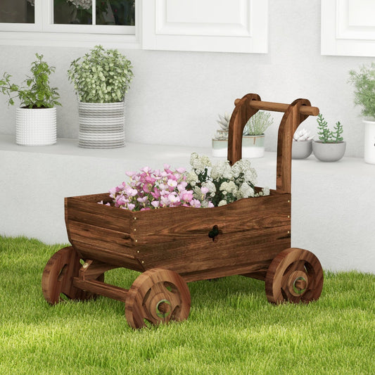 Decorative Wooden Wagon Cart with Handle Wheels and Drainage Hole, Rustic Brown - Gallery Canada