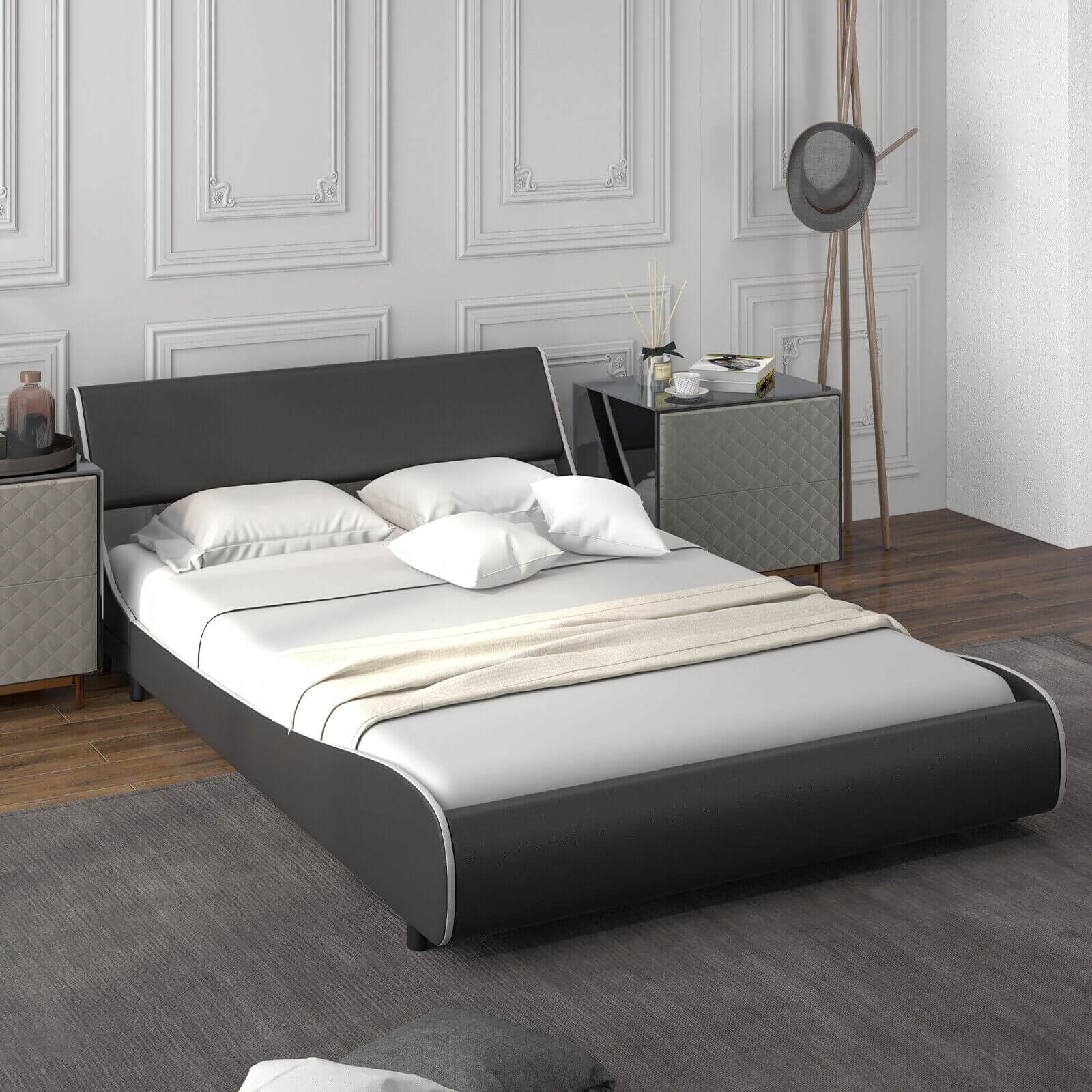 Upholstered Platform Bed Frame Low Profile Faux Leather with Curved Headboard-Full Size, Black & White - Gallery Canada