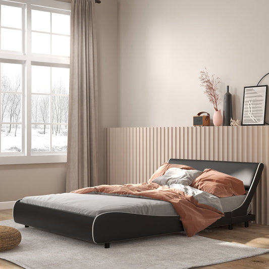 Upholstered Platform Bed Frame Low Profile Faux Leather with Curved Headboard-Full Size, Black & White - Gallery Canada