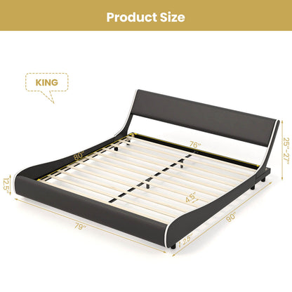 Upholstered Platform Bed Frame Low Profile Faux Leather with Curved Headboard-King Size, Black & White