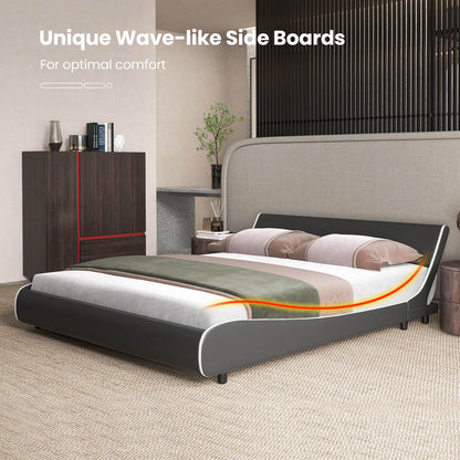 Upholstered Platform Bed Frame Low Profile Faux Leather with Curved Headboard-King Size, Black & White