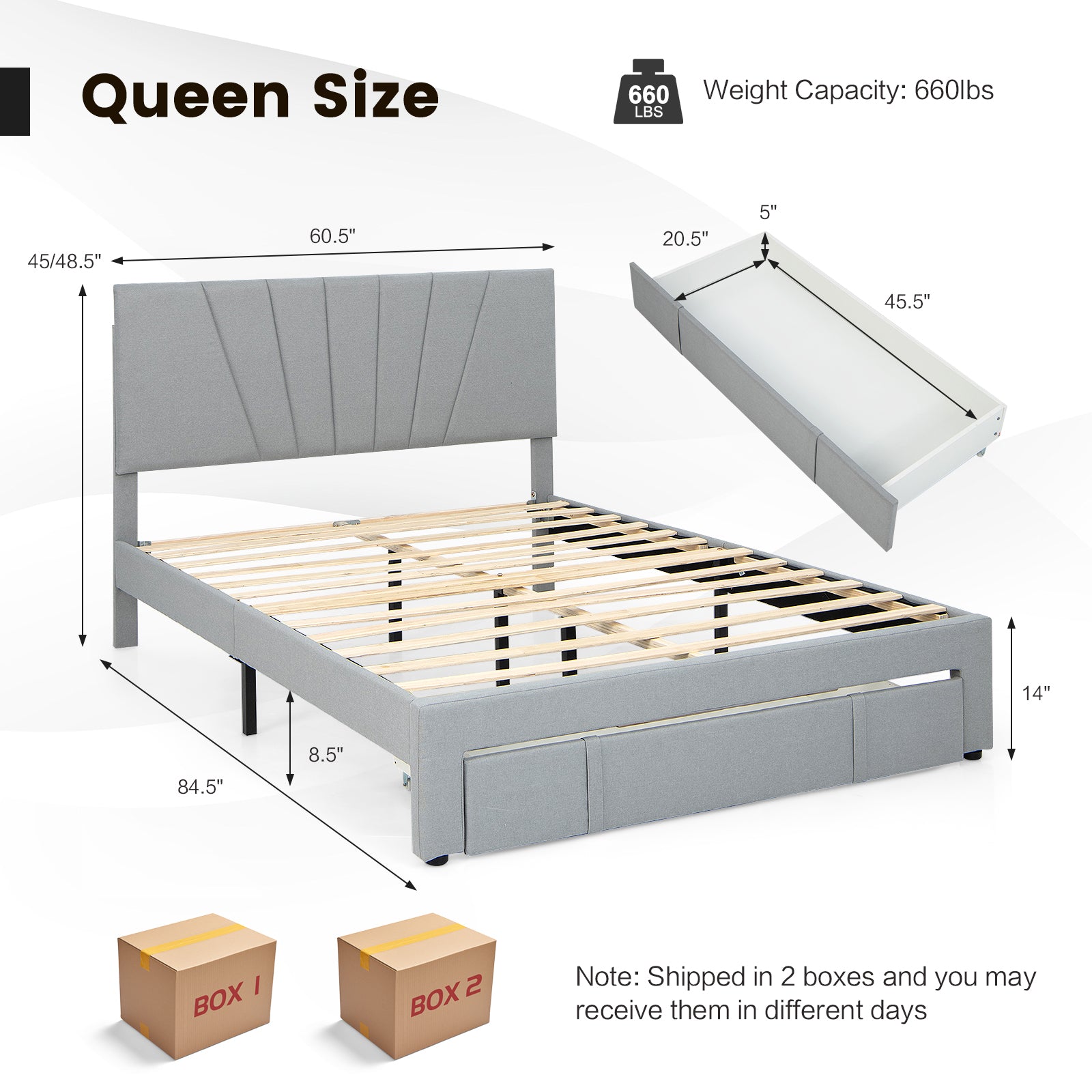 Full/Queen Size Upholstered Bed Frame with Drawer and Adjustable Headboard-Queen Size, Gray Simple Bed Frame at Gallery Canada