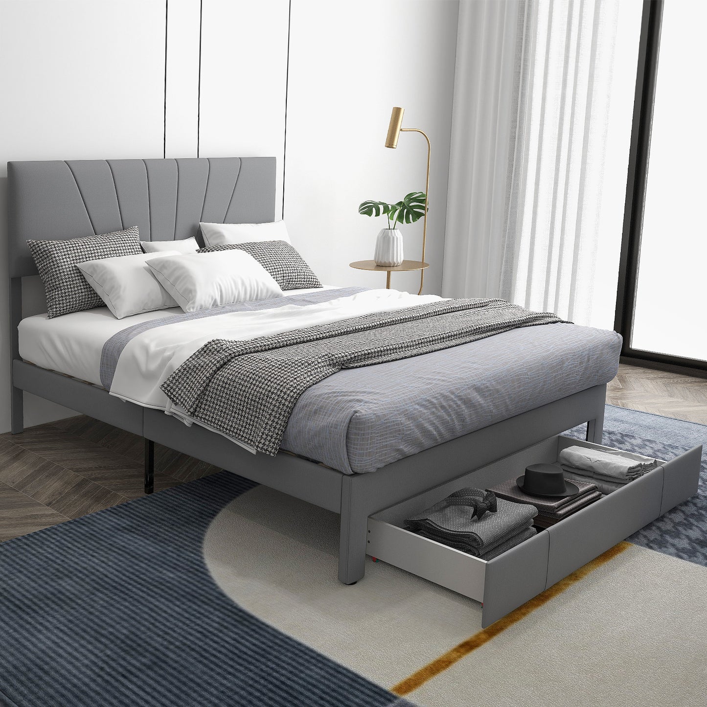 Full/Queen Size Upholstered Bed Frame with Drawer and Adjustable Headboard-Queen Size, Gray Simple Bed Frame at Gallery Canada