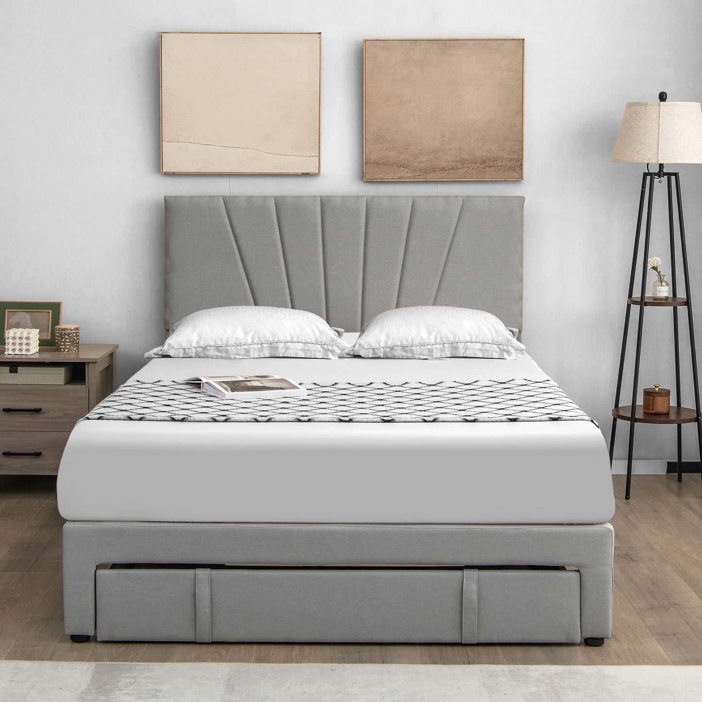 Full/Queen Size Upholstered Bed Frame with Drawer and Adjustable Headboard-Queen Size, Gray Simple Bed Frame at Gallery Canada