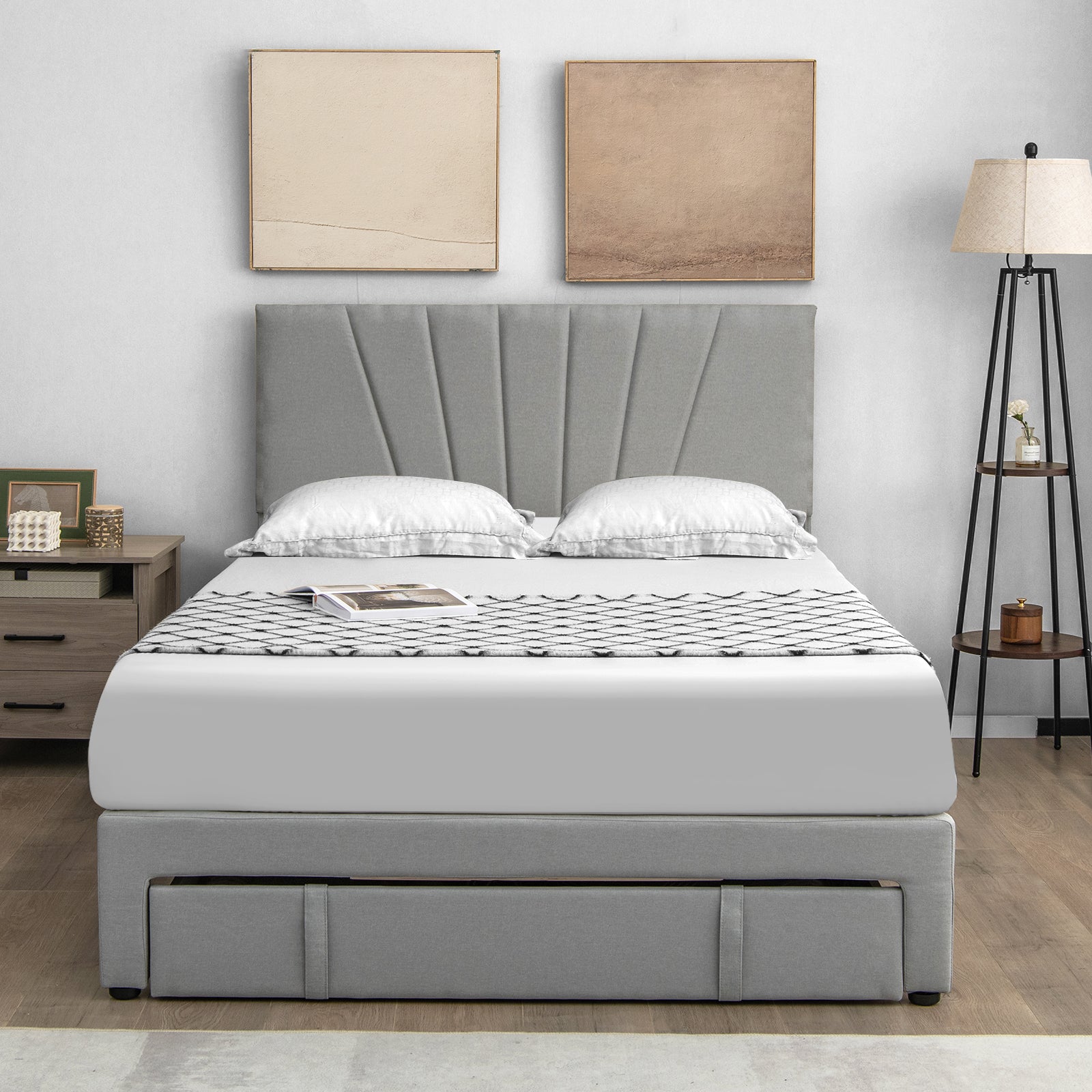 Full/Queen Size Upholstered Bed Frame with Drawer and Adjustable Headboard-Queen Size, Gray Simple Bed Frame at Gallery Canada