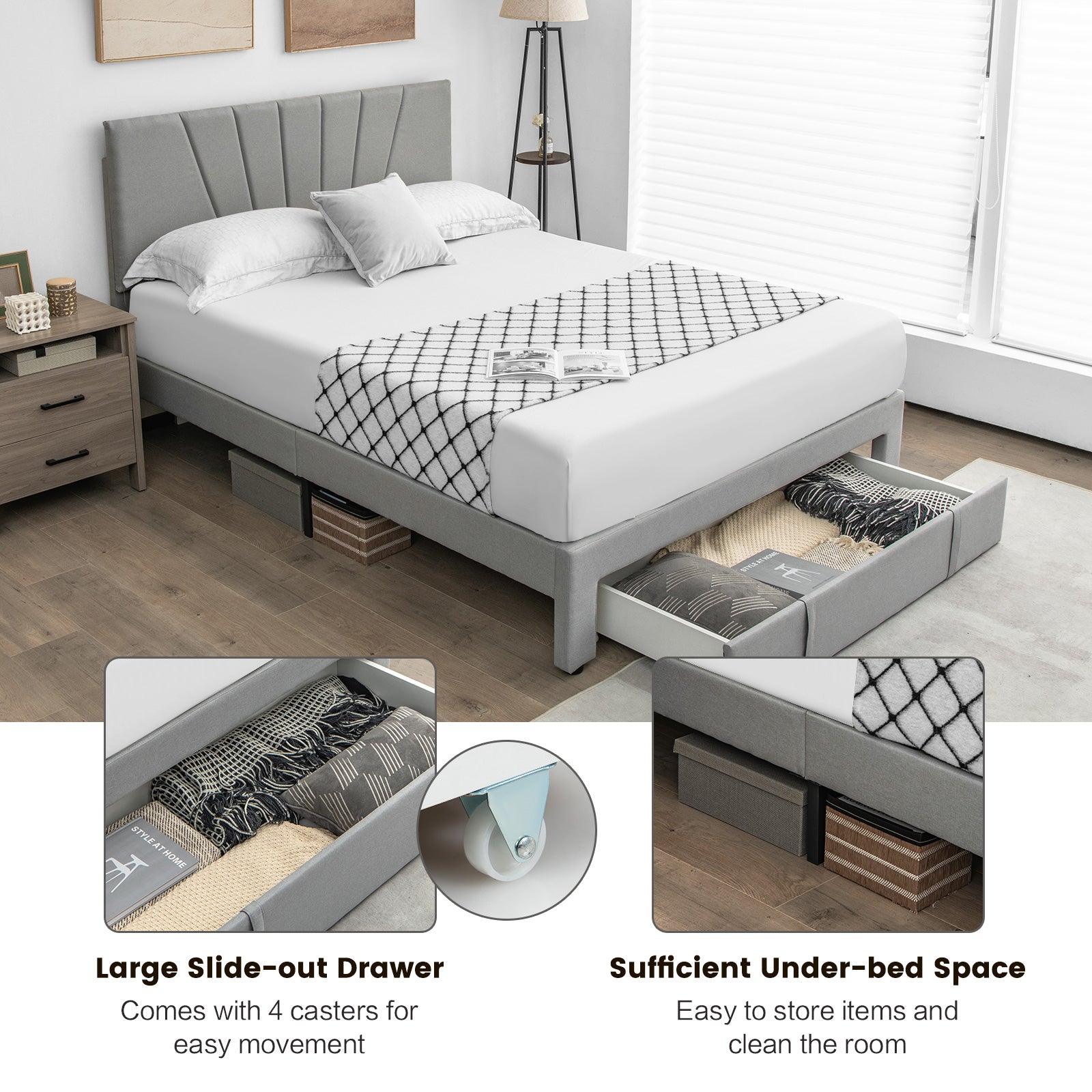 Full/Queen Size Upholstered Bed Frame with Drawer and Adjustable Headboard-Queen Size, Gray Simple Bed Frame at Gallery Canada