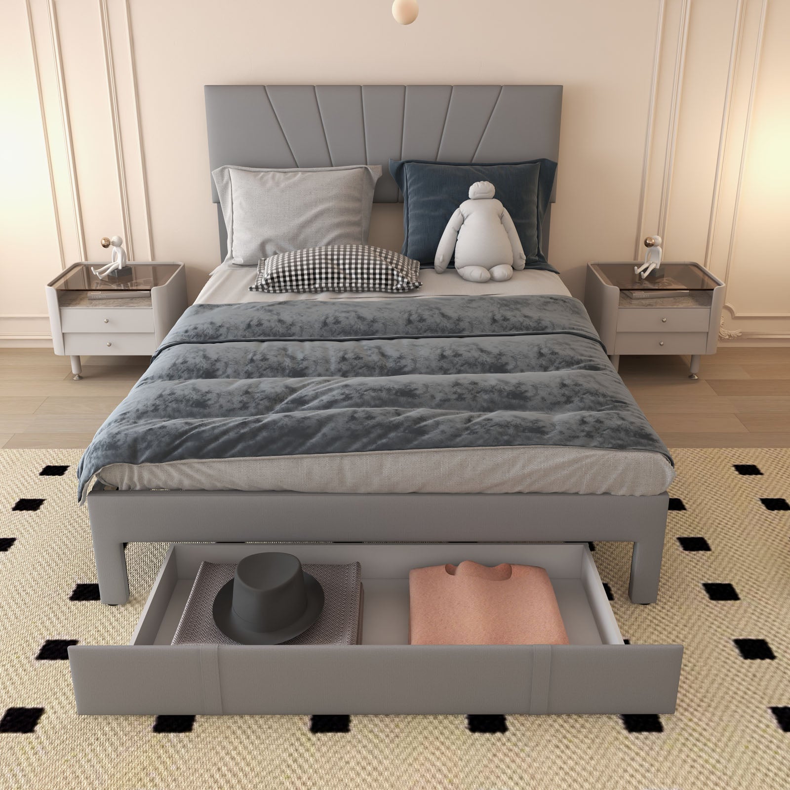 Full/Queen Size Upholstered Bed Frame with Drawer and Adjustable Headboard-Queen Size, Gray Simple Bed Frame at Gallery Canada