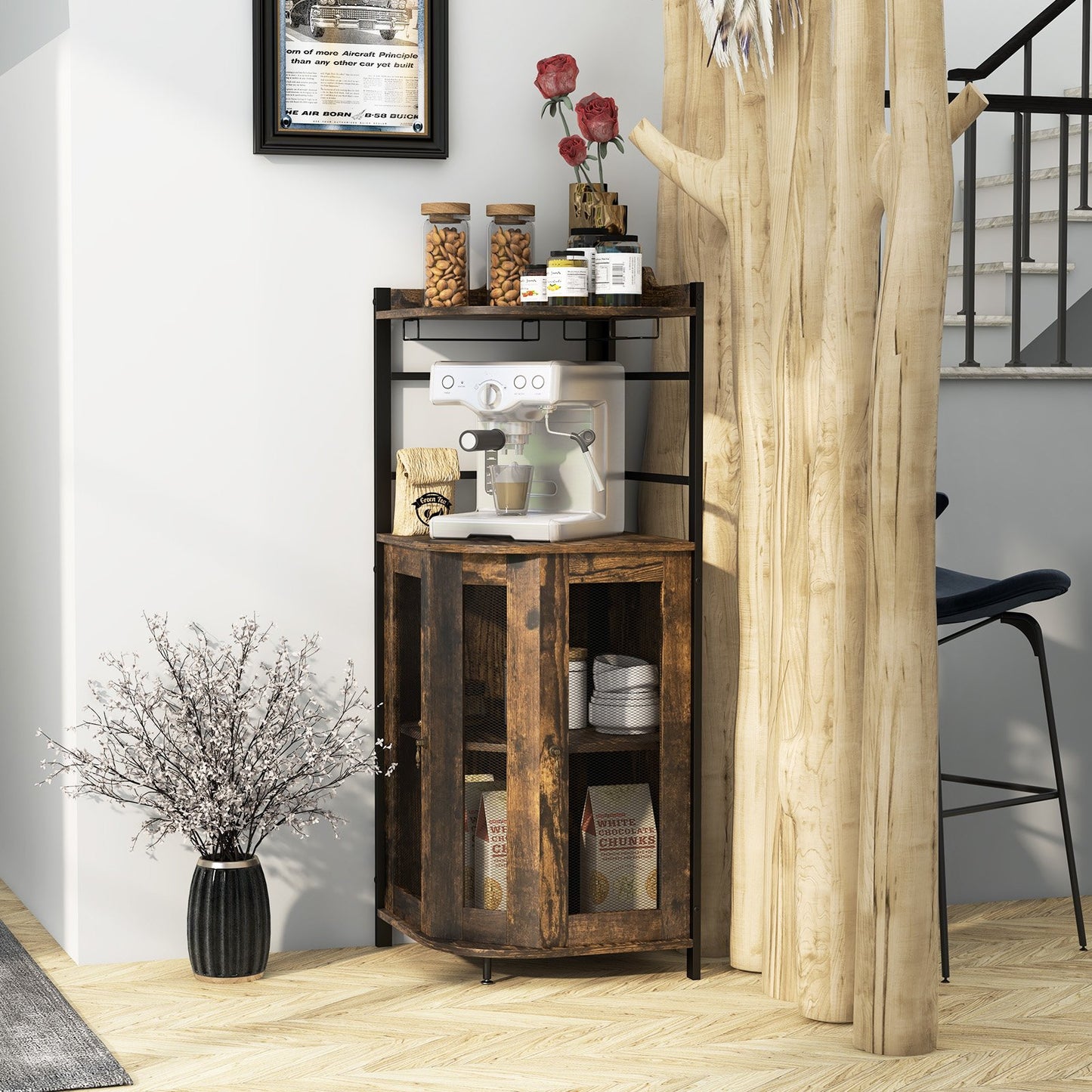 Industrial Corner Bar Cabinet with Glass Holder and Adjustable Shelf, Rustic Brown