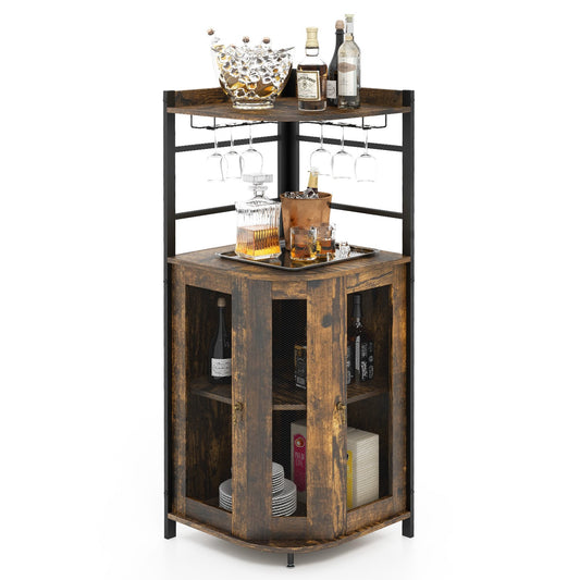 Industrial Corner Bar Cabinet with Glass Holder and Adjustable Shelf, Rustic Brown - Gallery Canada