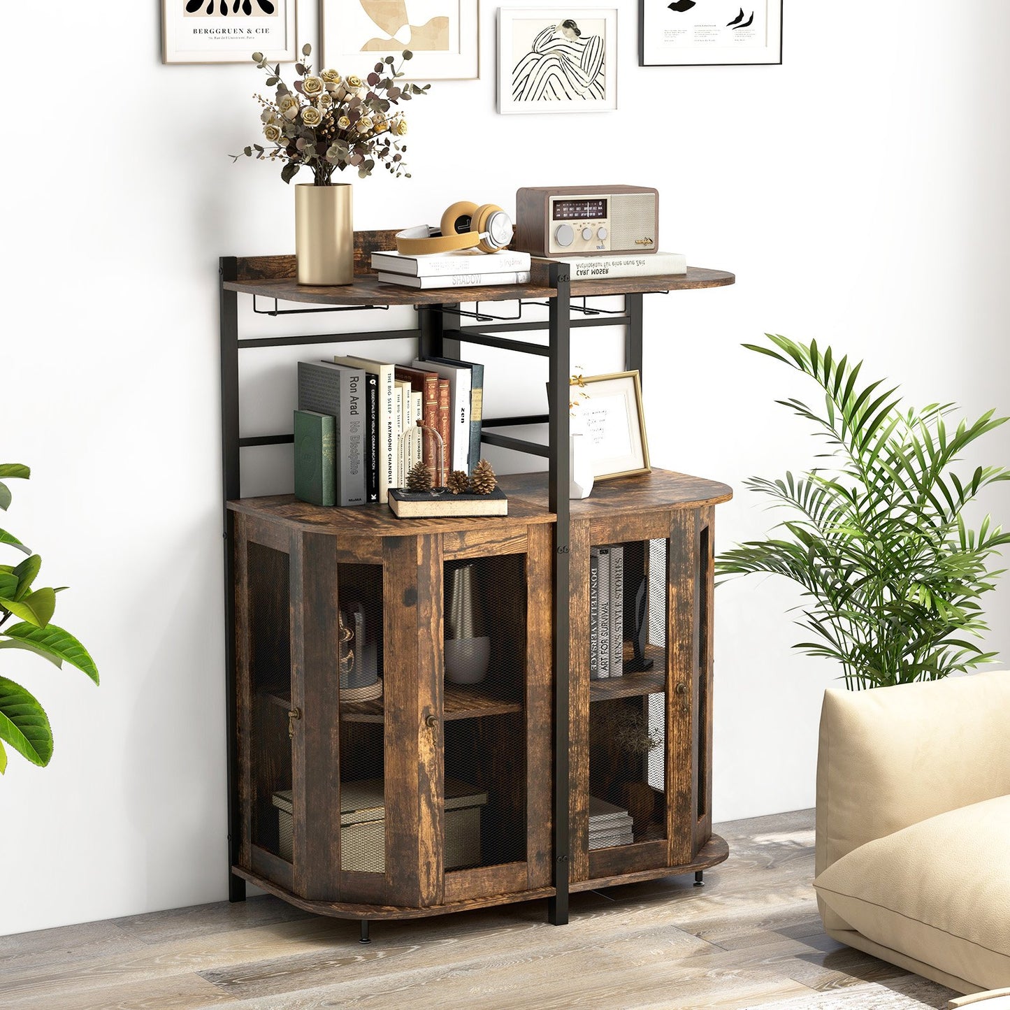 Industrial Corner Bar Cabinet with Glass Holder and Adjustable Shelf, Rustic Brown
