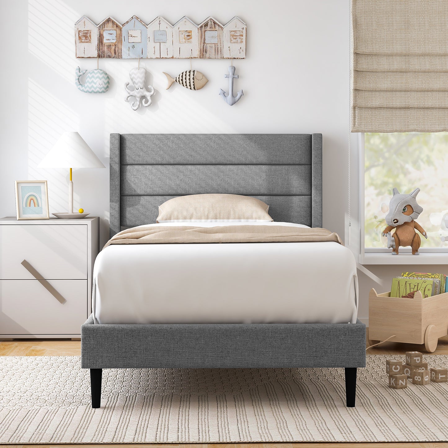 Linen Upholstered Platform Bed Frame With Wingback Headboard, Twin Size, Gray