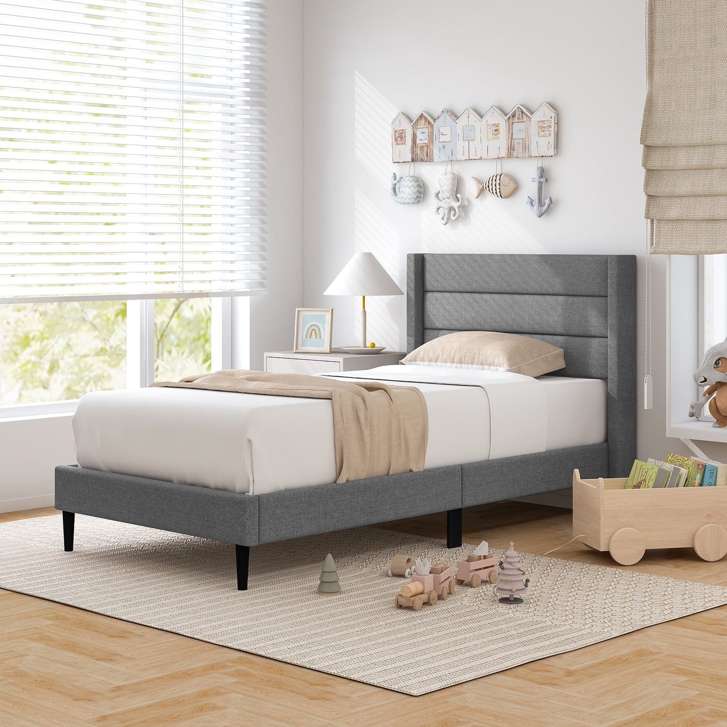 Linen Upholstered Platform Twin/Queen Bed Frame with Wingback Headboard-Twin Size, Gray Simple Bed Frame at Gallery Canada