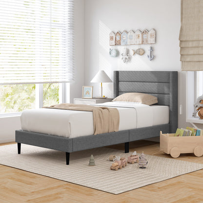 Linen Upholstered Platform Twin/Queen Bed Frame with Wingback Headboard-Twin Size, Gray Simple Bed Frame at Gallery Canada