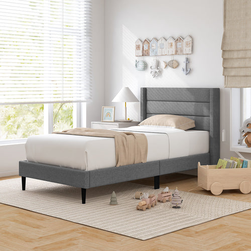 Linen Upholstered Platform Twin/Queen Bed Frame with Wingback Headboard-Twin Size, Gray