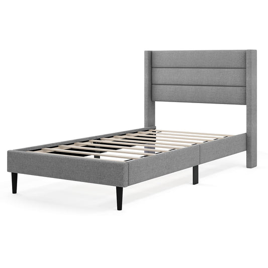 Linen Upholstered Platform Bed Frame With Wingback Headboard, Twin Size, Gray