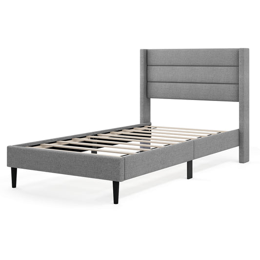 Linen Upholstered Platform Bed Frame With Wingback Headboard, Twin Size, Gray Simple Bed Frame Gray at Gallery Canada