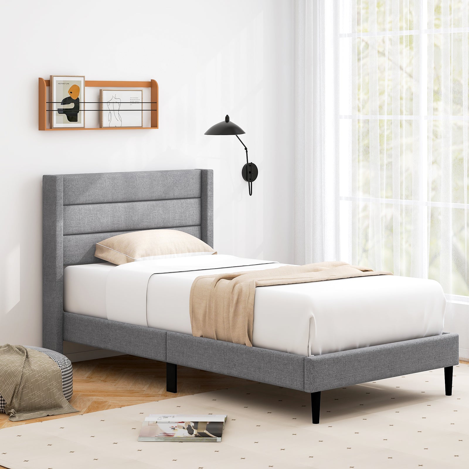 Linen Upholstered Platform Twin/Queen Bed Frame with Wingback Headboard-Twin Size, Gray Simple Bed Frame at Gallery Canada