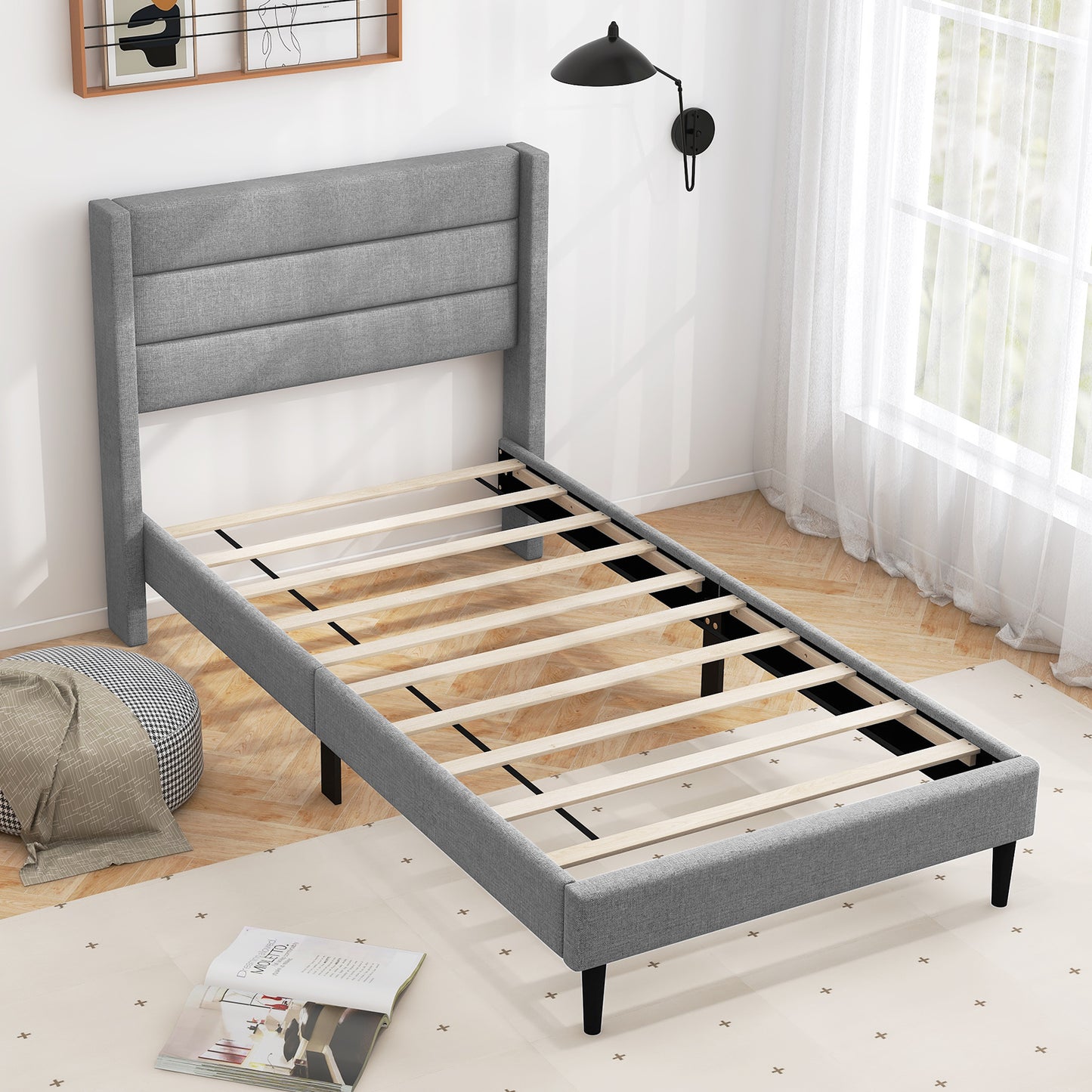Linen Upholstered Platform Twin/Queen Bed Frame with Wingback Headboard-Twin Size, Gray Simple Bed Frame at Gallery Canada