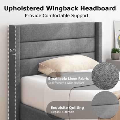 Linen Upholstered Platform Twin/Queen Bed Frame with Wingback Headboard-Twin Size, Gray Simple Bed Frame at Gallery Canada