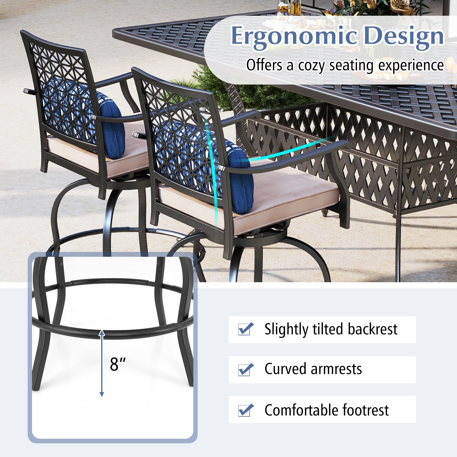 Set of 2 Outdoor Bar Height Chair with Soft Cushions, Black Patio Bar Furniture at Gallery Canada