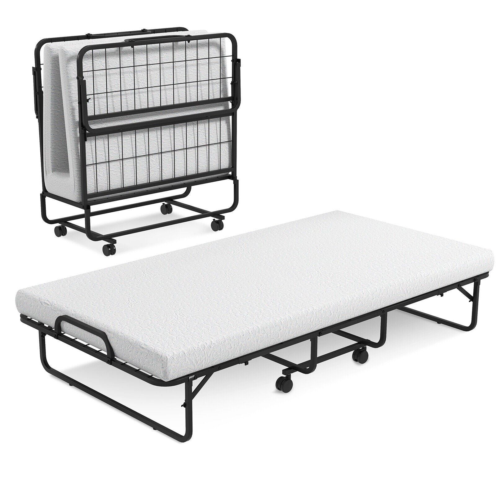 Twin Size Metal Folding Bed with Memory Foam Mattress Folding Beds Black, White at Gallery Canada