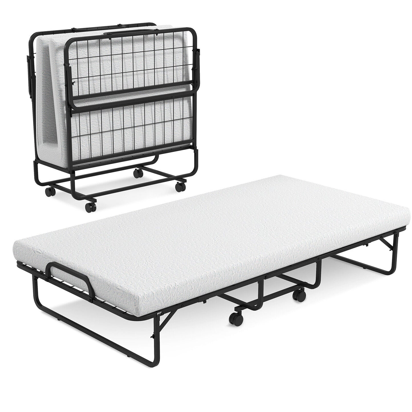 Twin Size Metal Folding Bed with Memory Foam Mattress Folding Beds Black, White at Gallery Canada