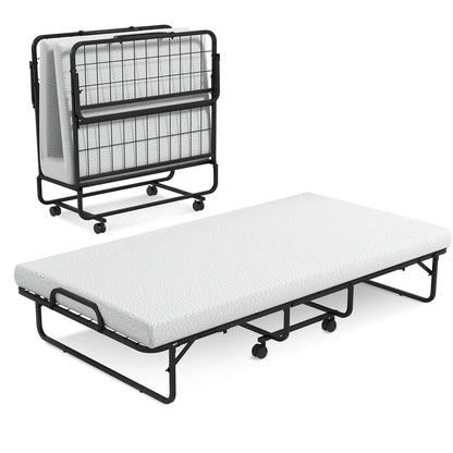 Twin Size Metal Folding Bed with Memory Foam Mattress Folding Beds Black, White at Gallery Canada