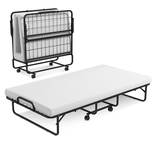Twin Size Metal Folding Bed with Memory Foam Mattress Folding Beds Black, White at Gallery Canada