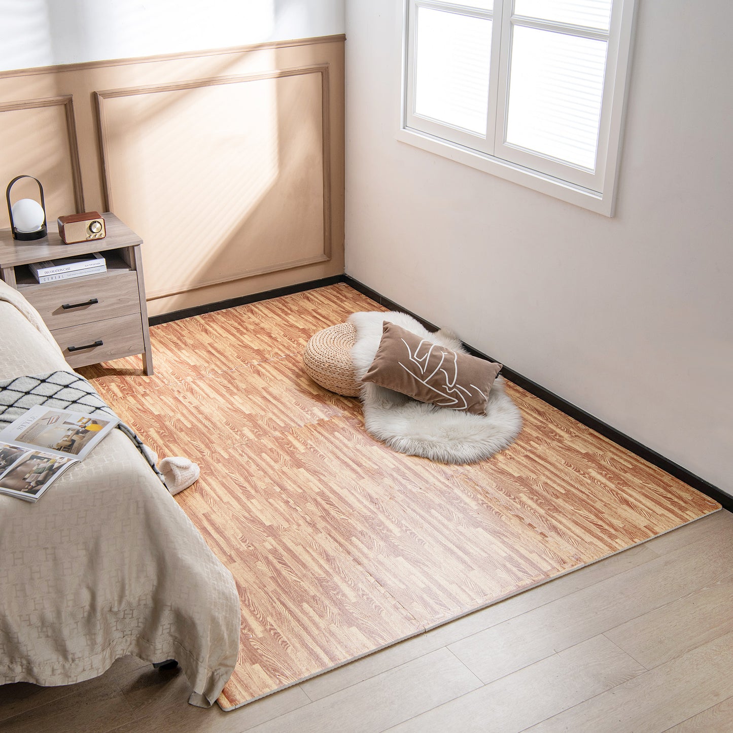 12 Tiles Wood Grain Foam Floor Mats with Borders, Natural Decorative Fencing & Flooring at Gallery Canada