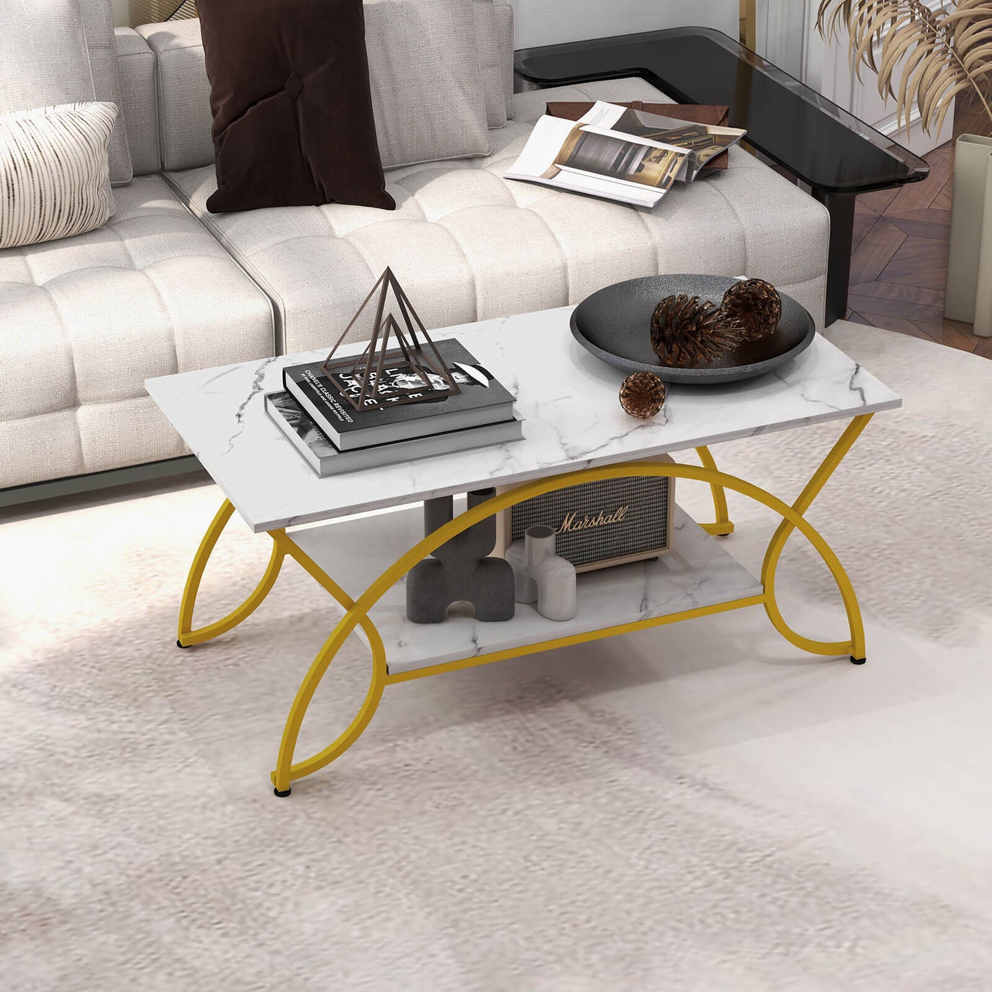 2-Tier Coffee Table, Rectangle, Gold, White Coffee Tables at Gallery Canada