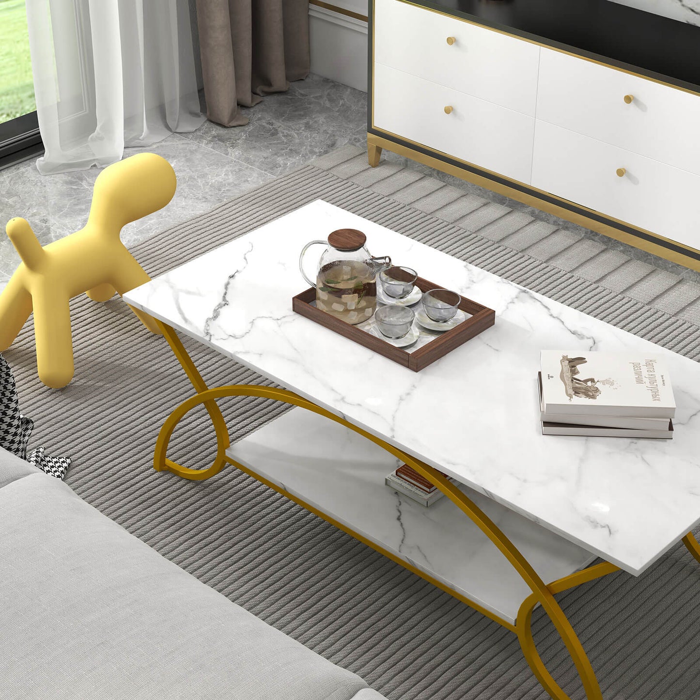 2-Tier Coffee Table, Rectangle, Gold, White Coffee Tables at Gallery Canada