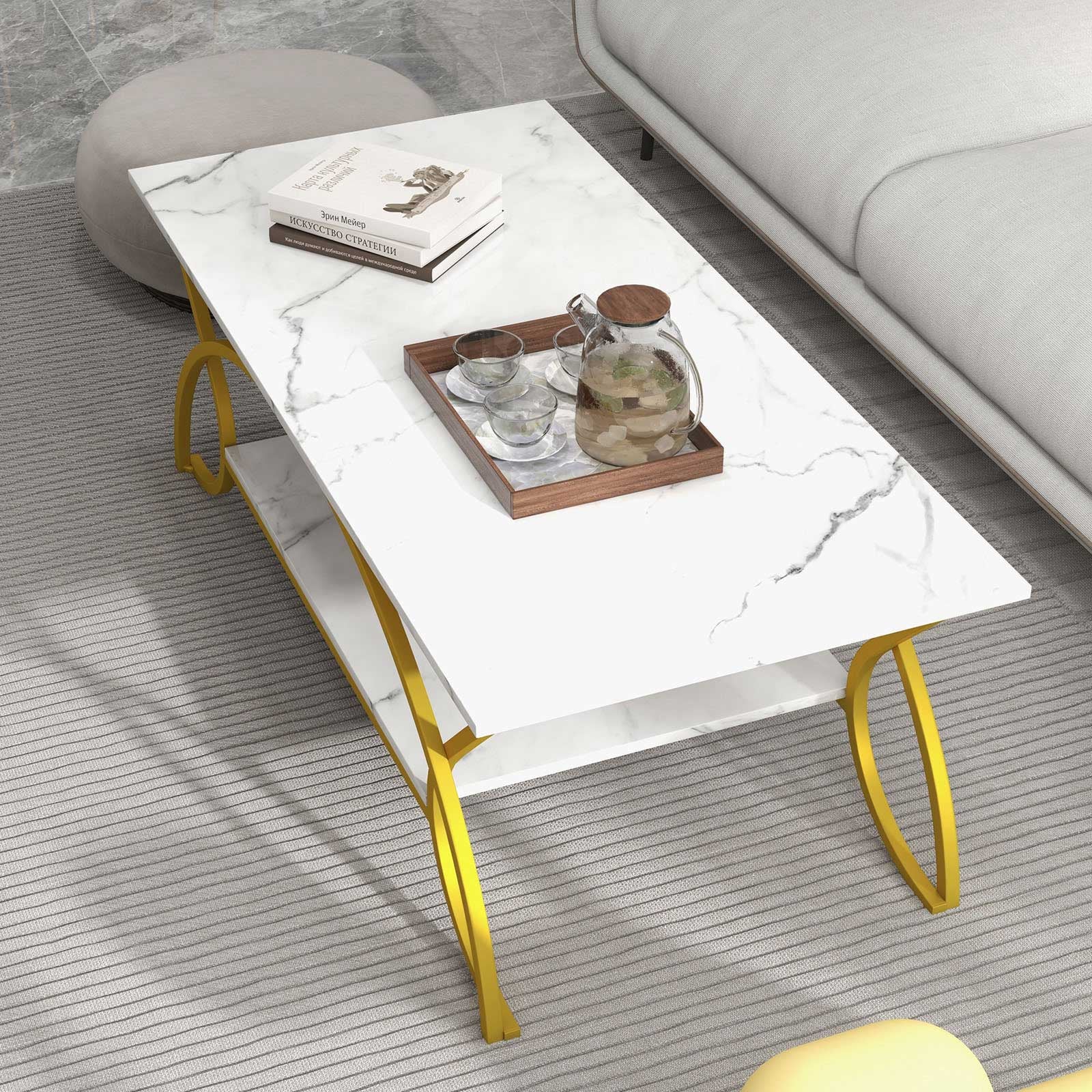2-Tier Coffee Table, Rectangle, Gold, White Coffee Tables at Gallery Canada