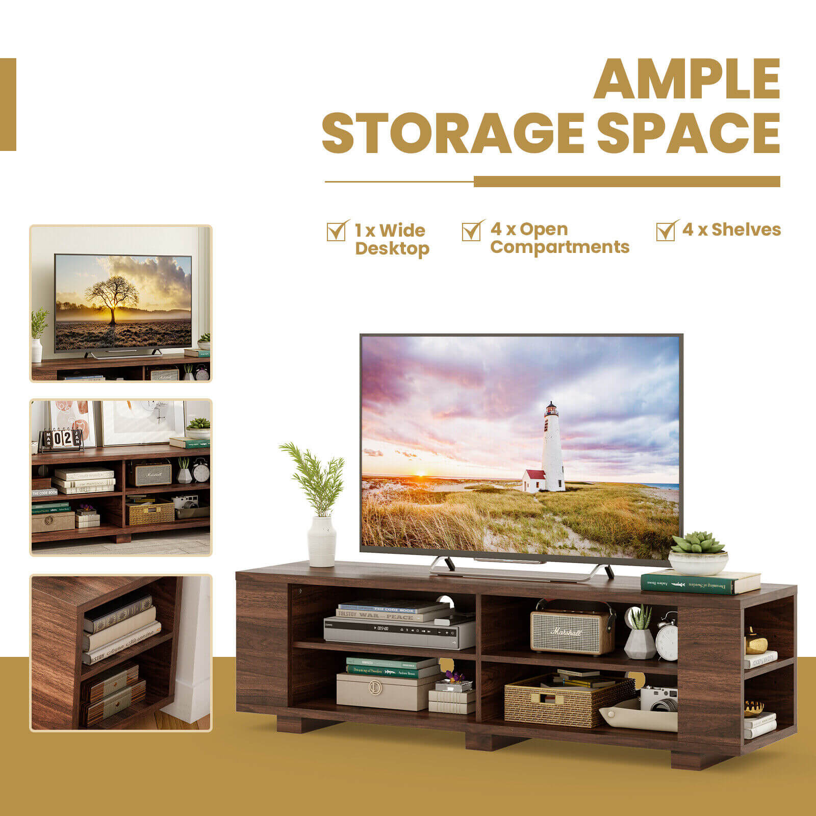 59 Inch Console Storage Entertainment Media Wood TV Stand, Walnut Entertainment Centers & TV Stands at Gallery Canada