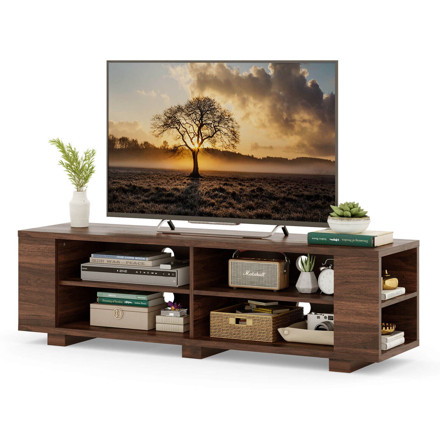 59 Inch Console Storage Entertainment Media Wood TV Stand, Walnut Entertainment Centers & TV Stands at Gallery Canada