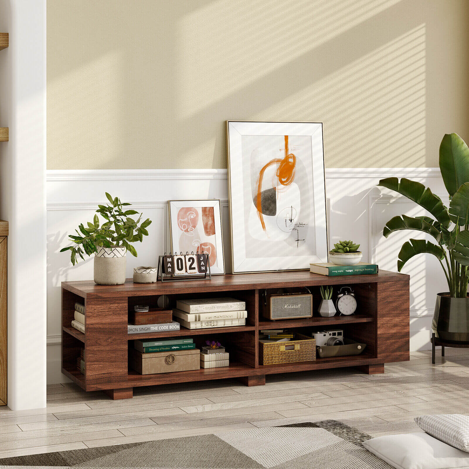 59 Inch Console Storage Entertainment Media Wood TV Stand, Walnut Entertainment Centers & TV Stands at Gallery Canada