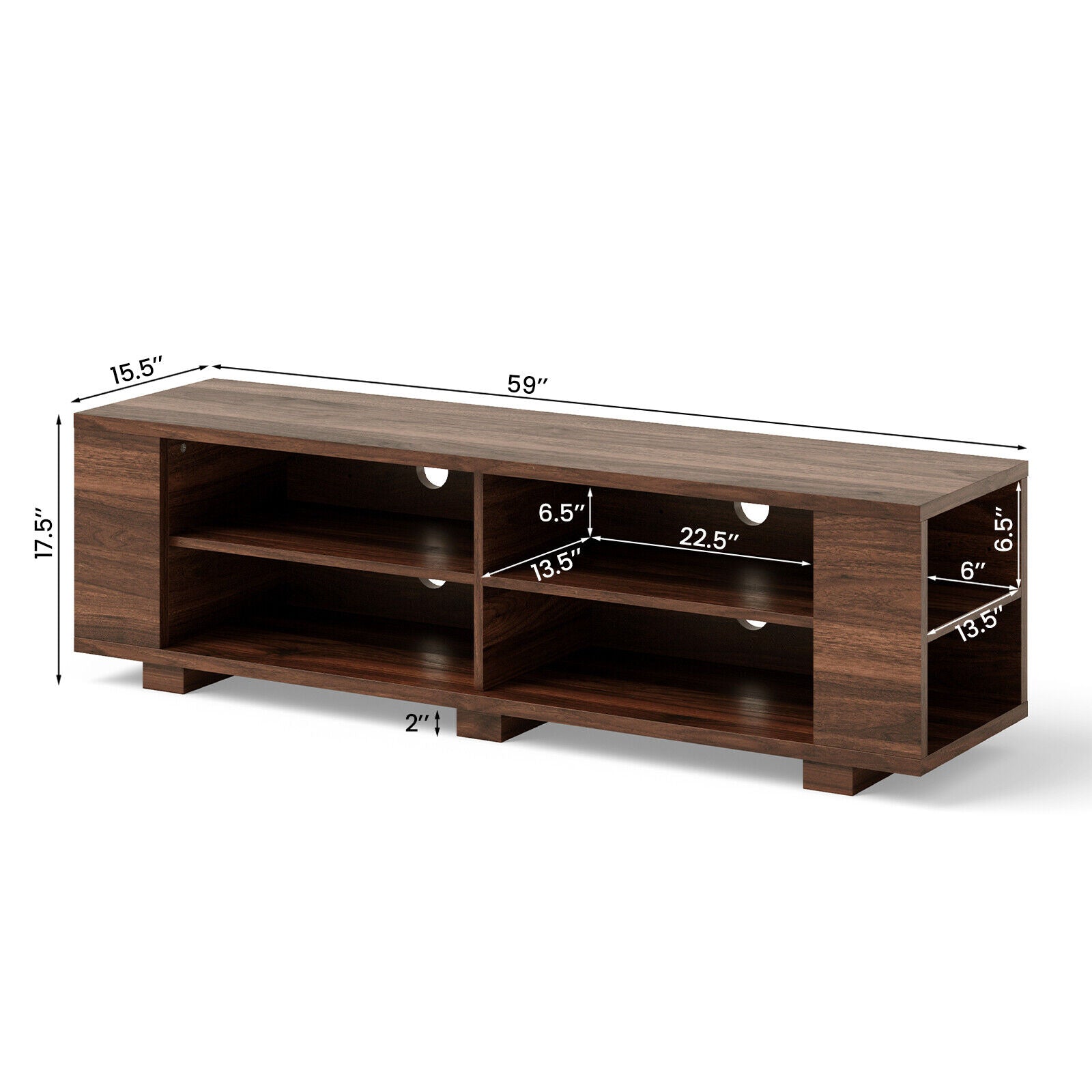 59 Inch Console Storage Entertainment Media Wood TV Stand, Walnut Entertainment Centers & TV Stands at Gallery Canada