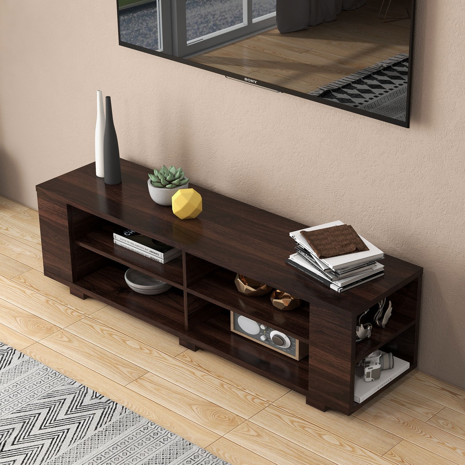 59 Inch Console Storage Entertainment Media Wood TV Stand, Walnut Entertainment Centers & TV Stands at Gallery Canada