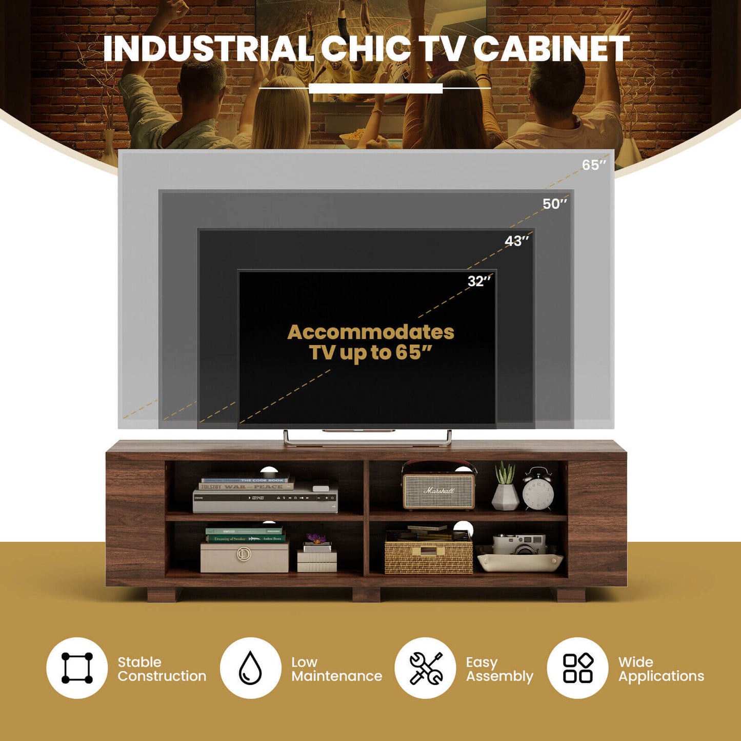 59 Inch Console Storage Entertainment Media Wood TV Stand, Walnut Entertainment Centers & TV Stands at Gallery Canada