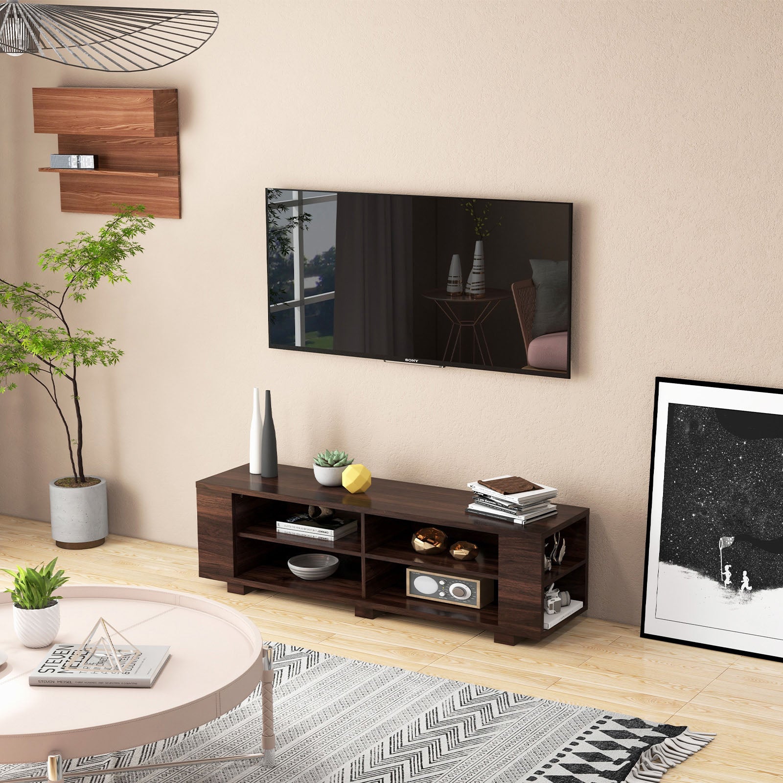 59 Inch Console Storage Entertainment Media Wood TV Stand, Walnut Entertainment Centers & TV Stands at Gallery Canada