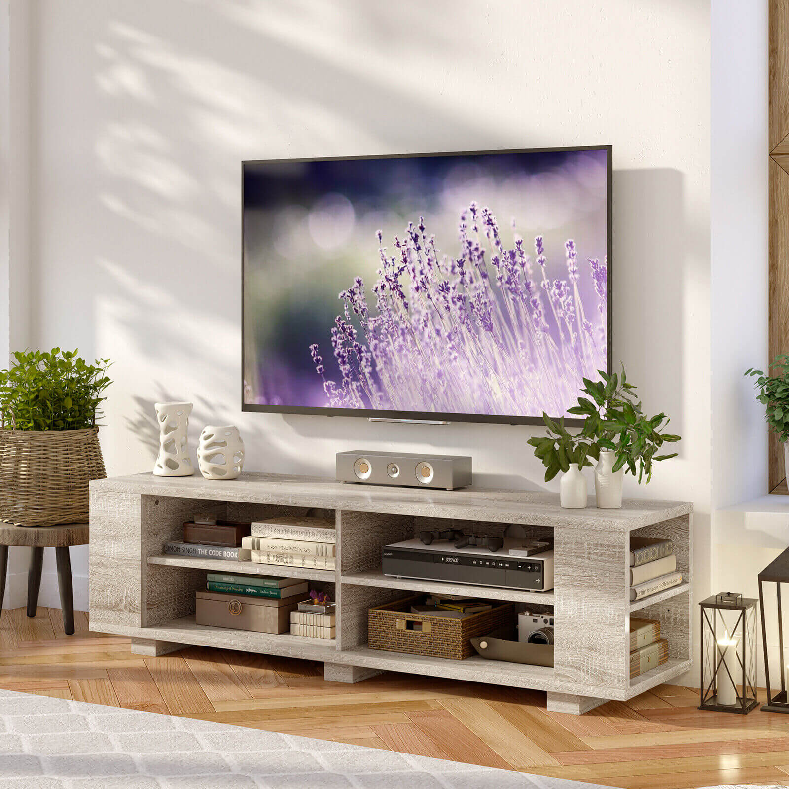 59 Inch Console Storage Entertainment Media Wood TV Stand, Light Brown Entertainment Centers & TV Stands at Gallery Canada
