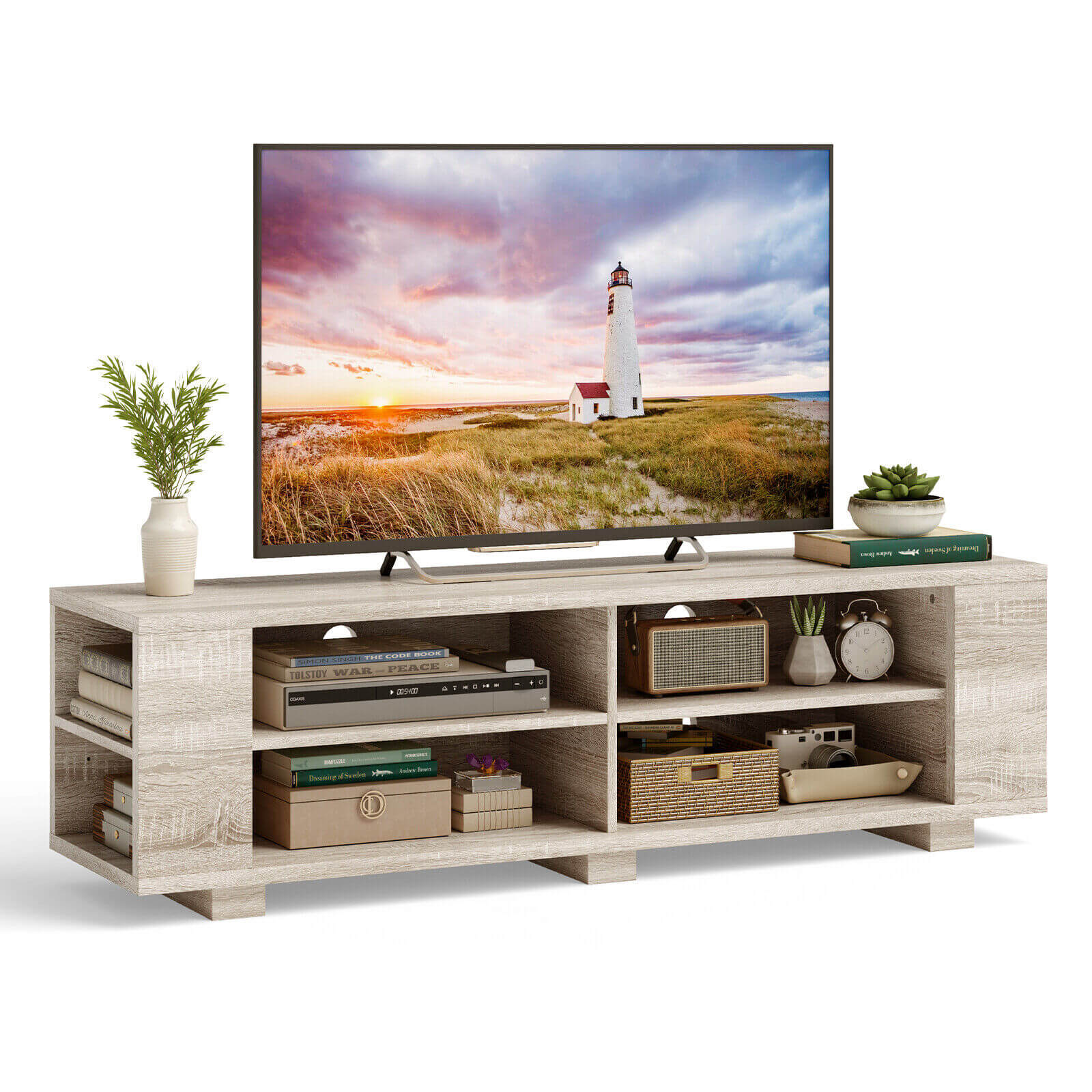 59 Inch Console Storage Entertainment Media Wood TV Stand, Light Brown Entertainment Centers & TV Stands at Gallery Canada